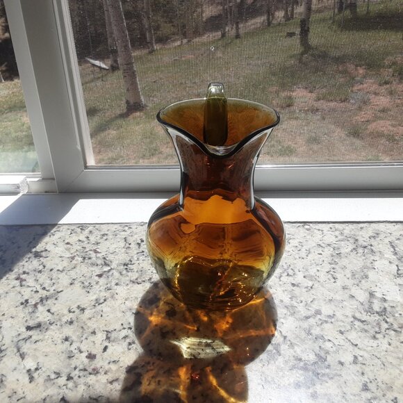 1960's Bischoff Kingston Pitcher Hand Blown Art Glass Green Amber Wayne Husted - Picture 6 of 9